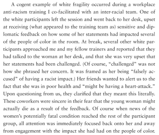 This isn't so much about antiracism as it is about white fragility, but here's an amusing anecdote from Robin DiAngelo's book White Fragility about what it looks like in practice (p. 111). Oops, your cardiac stress brought you attention, you fragile white woman!