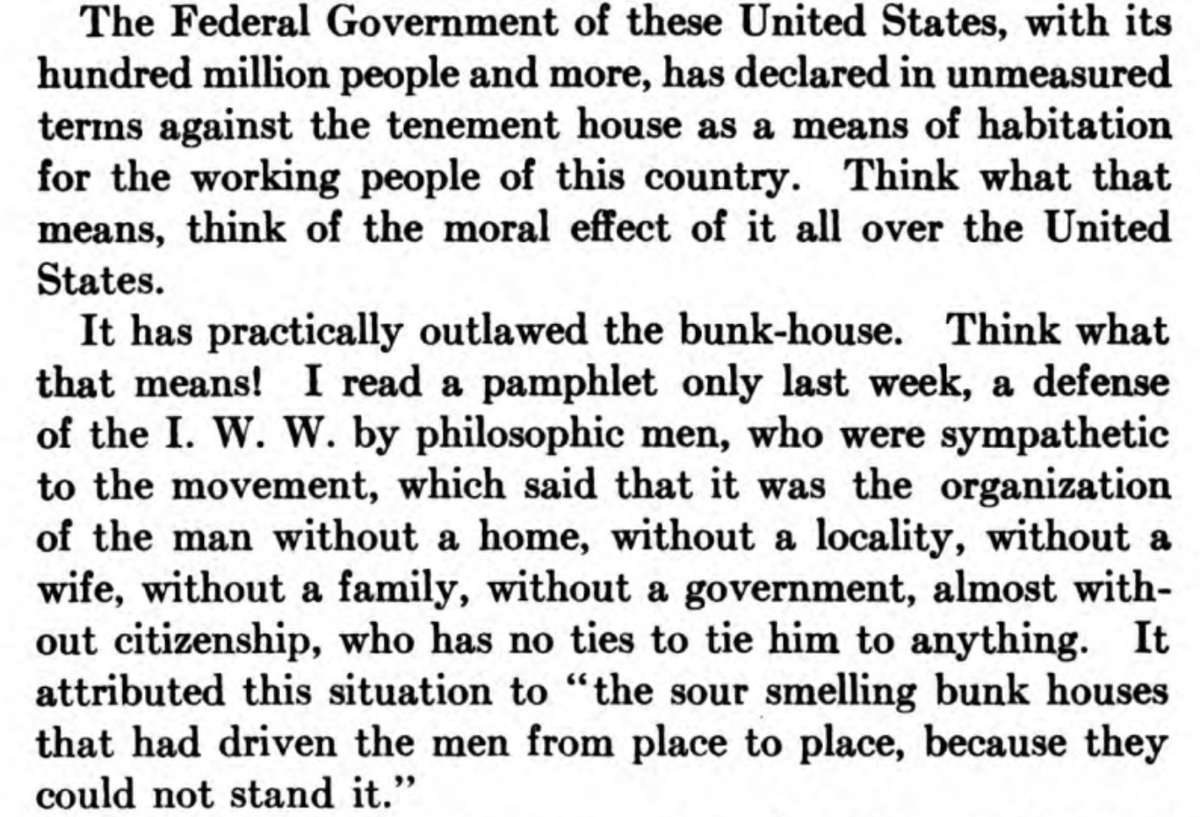 Veiller is excited that tenements and bunk houses won't be used for federal war housing thanks to Olmsted's work.  https://en.wikipedia.org/wiki/Bunkhouse 