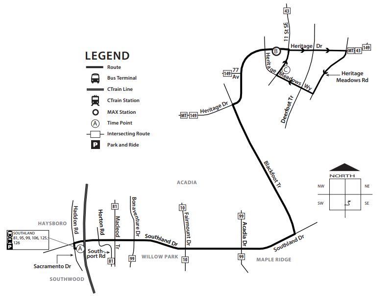 calgarytransit's tweet photo. The new #Route106 will serve Southland LRT Station, Southland Drive SE and Deerfoot Meadows. Bus frequency will be every 22 minutes during peak hours, and 42 minutes during off-peak hours until 6 p.m. on weekdays and weekends. https://t.co/buTZBmzL2F https://t.co/tZIuzJM3mB