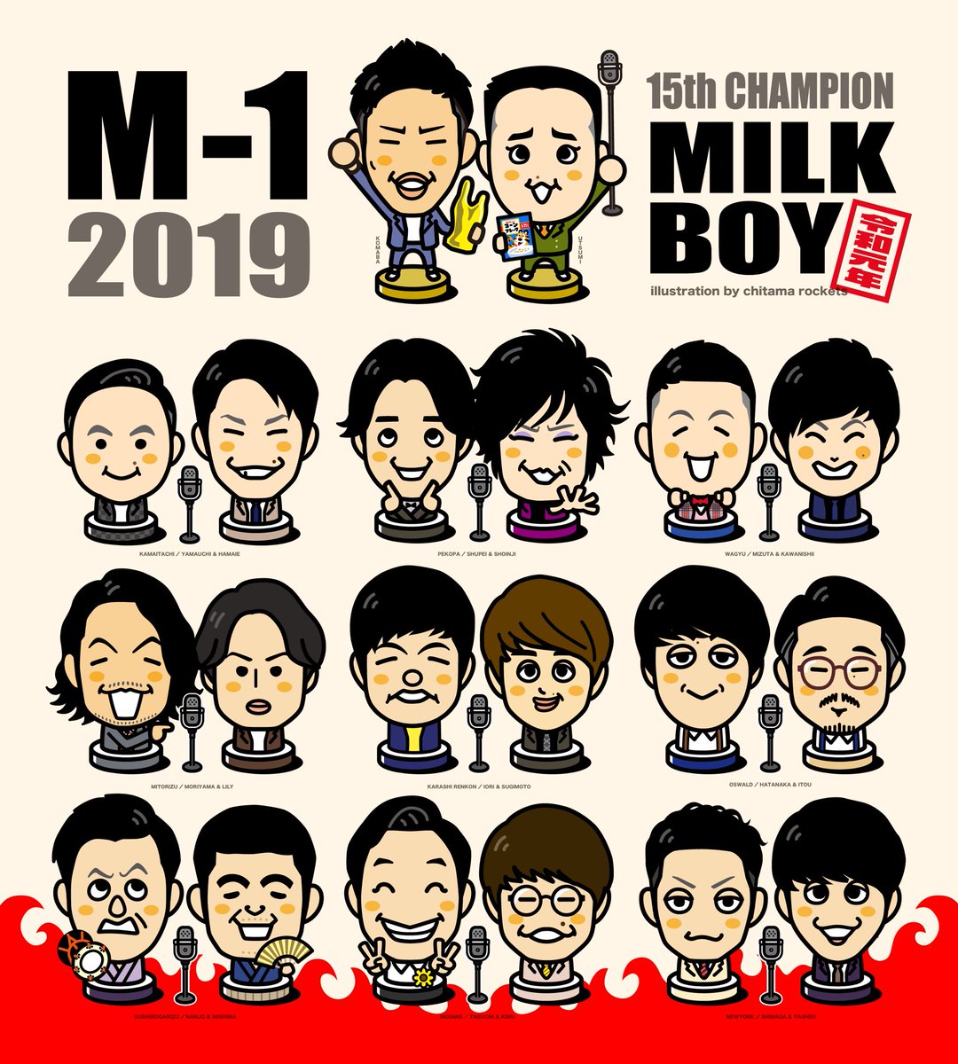 M-1グランプリ 2019
ファイナリストのイラスト

#ミルクボーイ 
#かまいたち 
#ぺこぱ 
#和牛 
#見取り図 
#からし蓮根 
#オズワルド 
#すゑひろがりず 
#インディアンス 
#ニューヨーク 