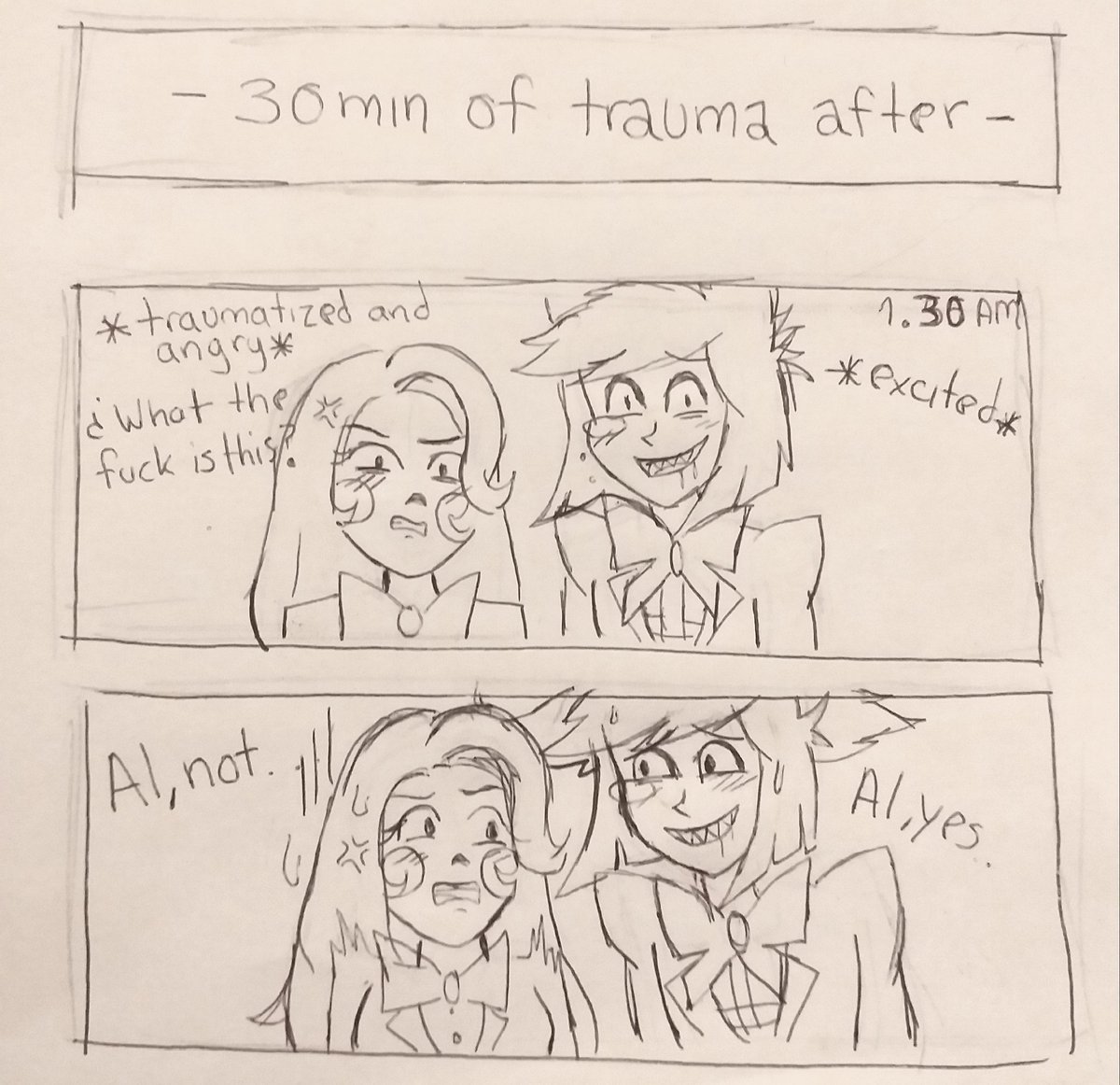 27kiane's tweet photo. -Here I bring you a small comic charlastor 2p night: 3 I guess it's like a reaction of the characters to that page 🙂😅
#hazbinhotel #Alastor2P #charliexalastor #charlie2P https://t.co/tpsT4F7TUV