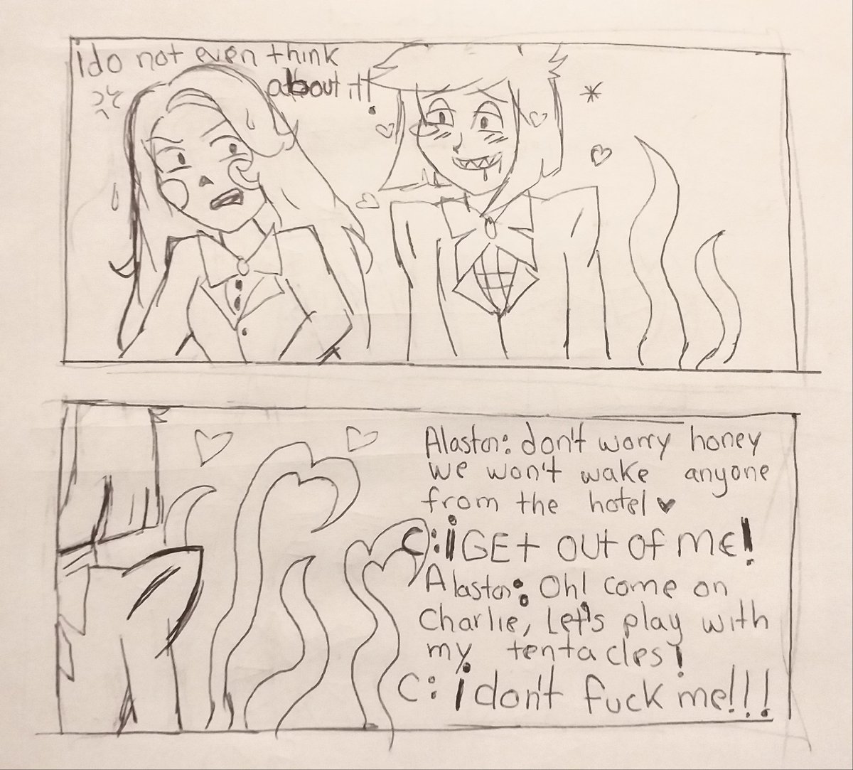 27kiane's tweet photo. -Here I bring you a small comic charlastor 2p night: 3 I guess it's like a reaction of the characters to that page 🙂😅
#hazbinhotel #Alastor2P #charliexalastor #charlie2P https://t.co/tpsT4F7TUV