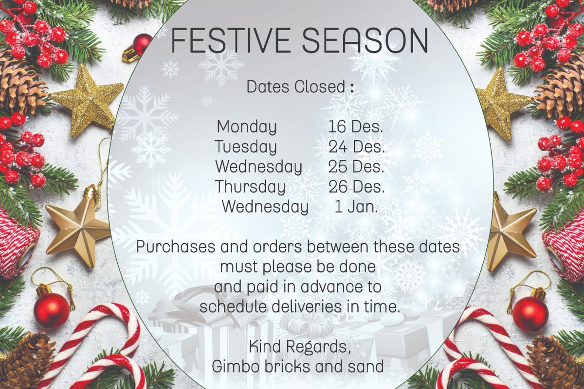 GimboSand's tweet photo. ‼️NOTICE to our clients.
#festiveseason #closingdates #buybricks https://t.co/keuQDpld1U