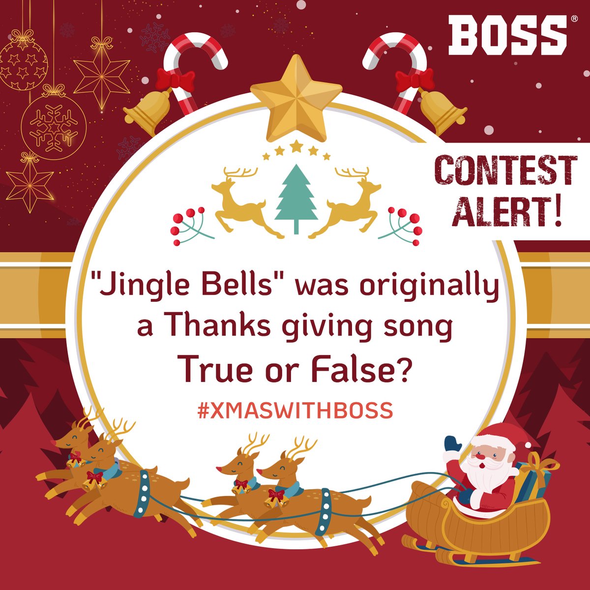BOSS_Appliances's tweet photo. Jingle bells is a classic song sung at the Christmas time. Tell us if this fact about the Jingle bell song is true or false? #BOSSHomeAppliances #BOSS #homeappliances #XMASSWITHBOSS #ChritsmasTrivia #Christmas https://t.co/tuyttboaP3