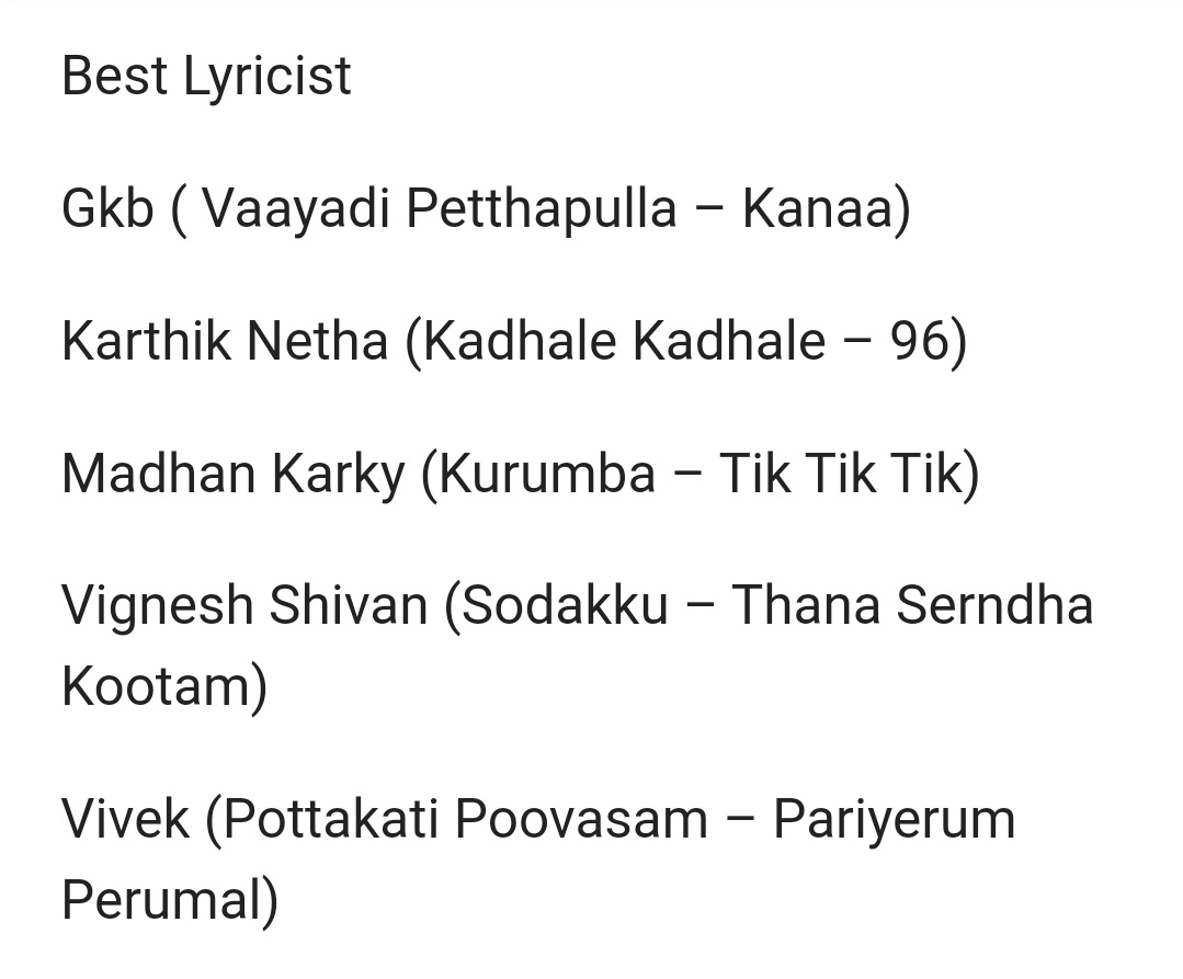 Nominated for Best lyricist 2019 Tamil. 
Thanks to @filmfare and friends and family. Congrats to The Winner Mr.#KarthikNetha. 

Special thanks to my director @Arunrajakamaraj my music director @dhibuofficial my producer @Siva_Kartikeyan and the entire team of Kanna.