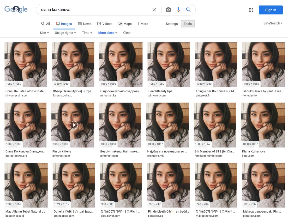 Unlike the first batch of accounts, the new ones mix good old fashioned stolen photos in with the autogenerated face pics. They also all use female faces, as opposed to the first group which had 19 male face pics and one logo.