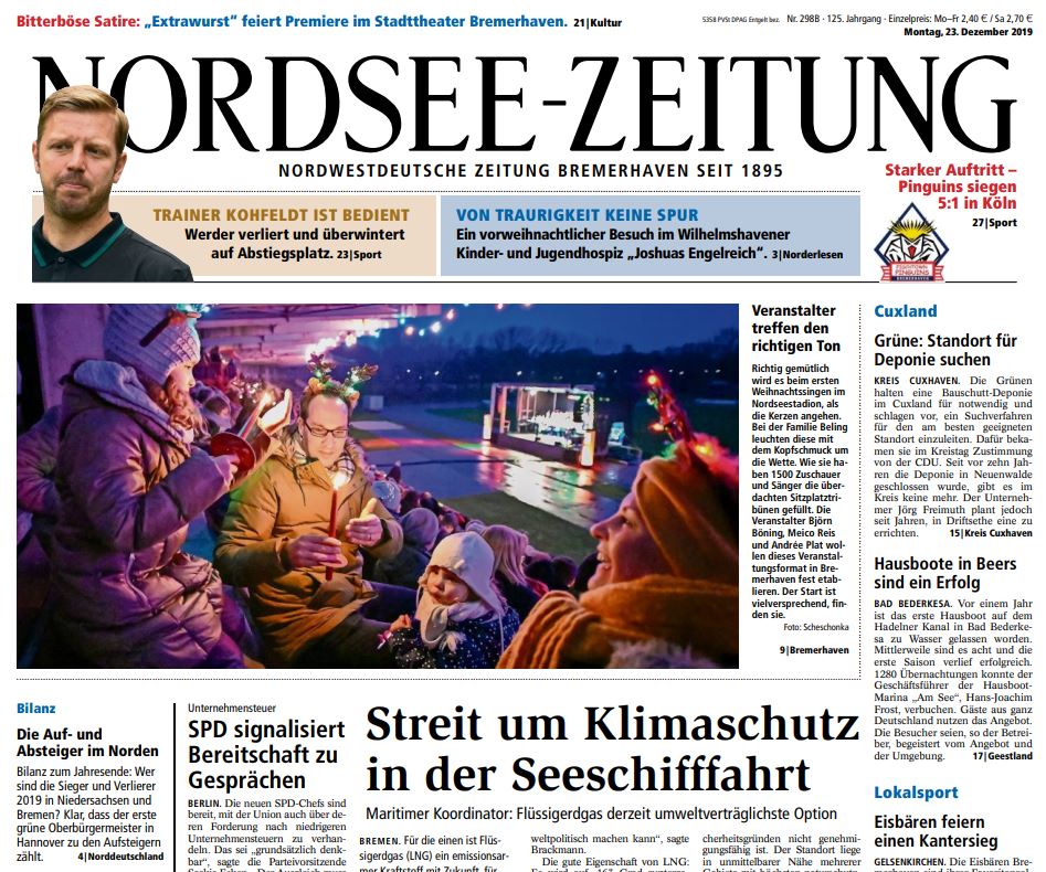 nordseezeitung's tweet photo. MOIN. 1500 Gäste beim #Weihnachtssingen in #Nordseestadion + Georgia #Balke holt Platz zwei beim #Supertalent + 2020 kein #Fischereihafenrennen++ #FischtownPinguins schlagen #Köln + #Hausboote in #BadBederkesa sind bei Urlaubern beliebt. https://t.co/7vRVA4lsep