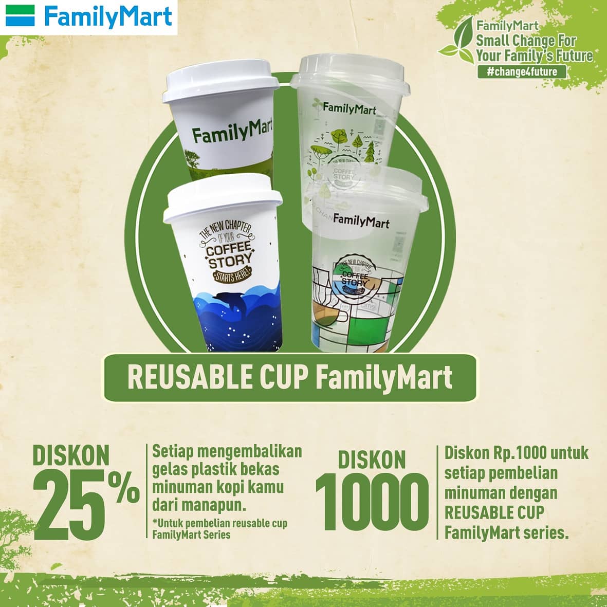 FamilyMart_ID's tweet photo. Udah pada tau dong kalo Famima sekarang punya reusable cup yg keren ini. Selain bisa dapat diskon Rp. 1000 setiap beli minuman favorit kamu dgn cup ini, kamu jg sudah membantu untuk mengurangi sampah plastik yg berbahaya untuk lingkungan kita.

#familymartindonesia #change4future https://t.co/NY3oUCo84K
