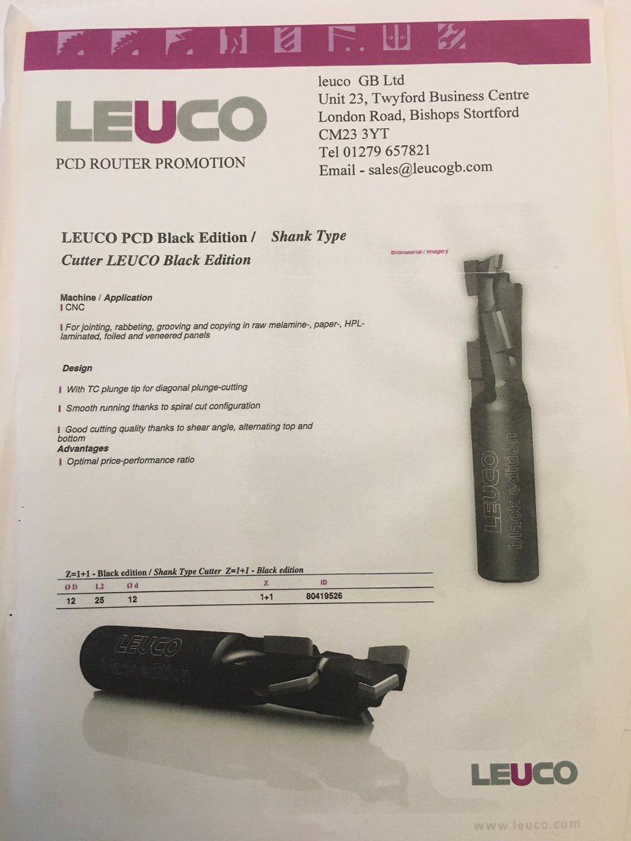 Leuco Black Edition PCD router promotion. Dia. 12mm x 12mm shank x 25mm cut length. Z1+1 with shears. 
Get one now, but only while stocks last.