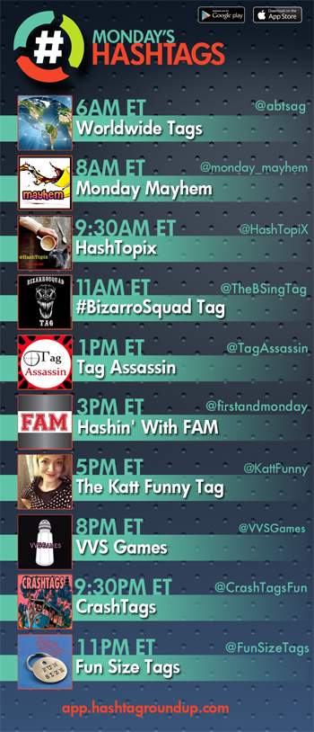HashtagRoundup's tweet photo. Hashtag Roundup - Monday 

❤️hashtag games? Tweet with us!

Follow us &amp; Download our FREE @HashtagRoundup app (IOS/Android) for daily schedule &amp; notifications right to your phone!
👉https://t.co/ksALqMcxr4👈

Guest: 6AM ET @MancaveAF https://t.co/uqW66bTJpk