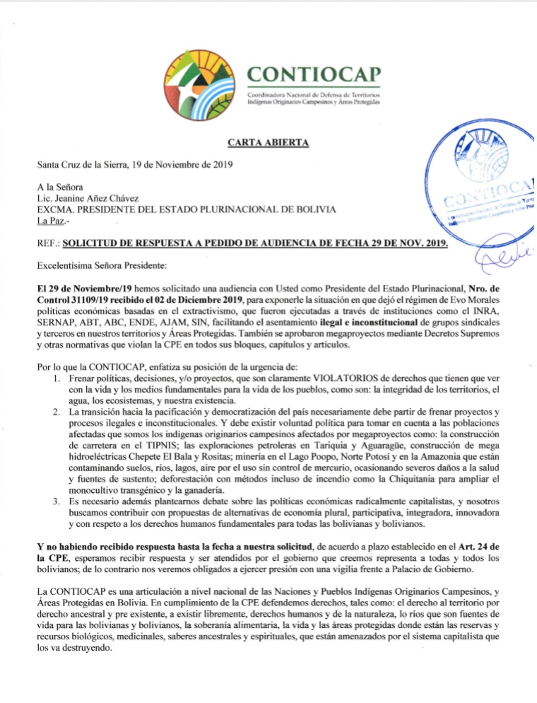 contiocap's tweet photo. Carta abierta de la Coordinadora de Defensa de Territorios Indígenas Originarios Campesinos y Áreas Protegidas - CONTIOCAP #Bolivia, a la presidente Jeanine Añez, urgiendo frenar proyectos, políticas y decisiones claramente violarorios de derechos de nuestros pueblos. https://t.co/1GFcTJcOL5