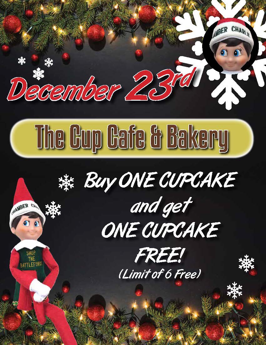 Chamber Charlie’s last day brings us a real treat,
Cupcakes can be yours, for your upcoming feast,
The Cup Cafe &amp; Bakery is your place to find,
Have a coffee or tea, it’s your time to unwind!