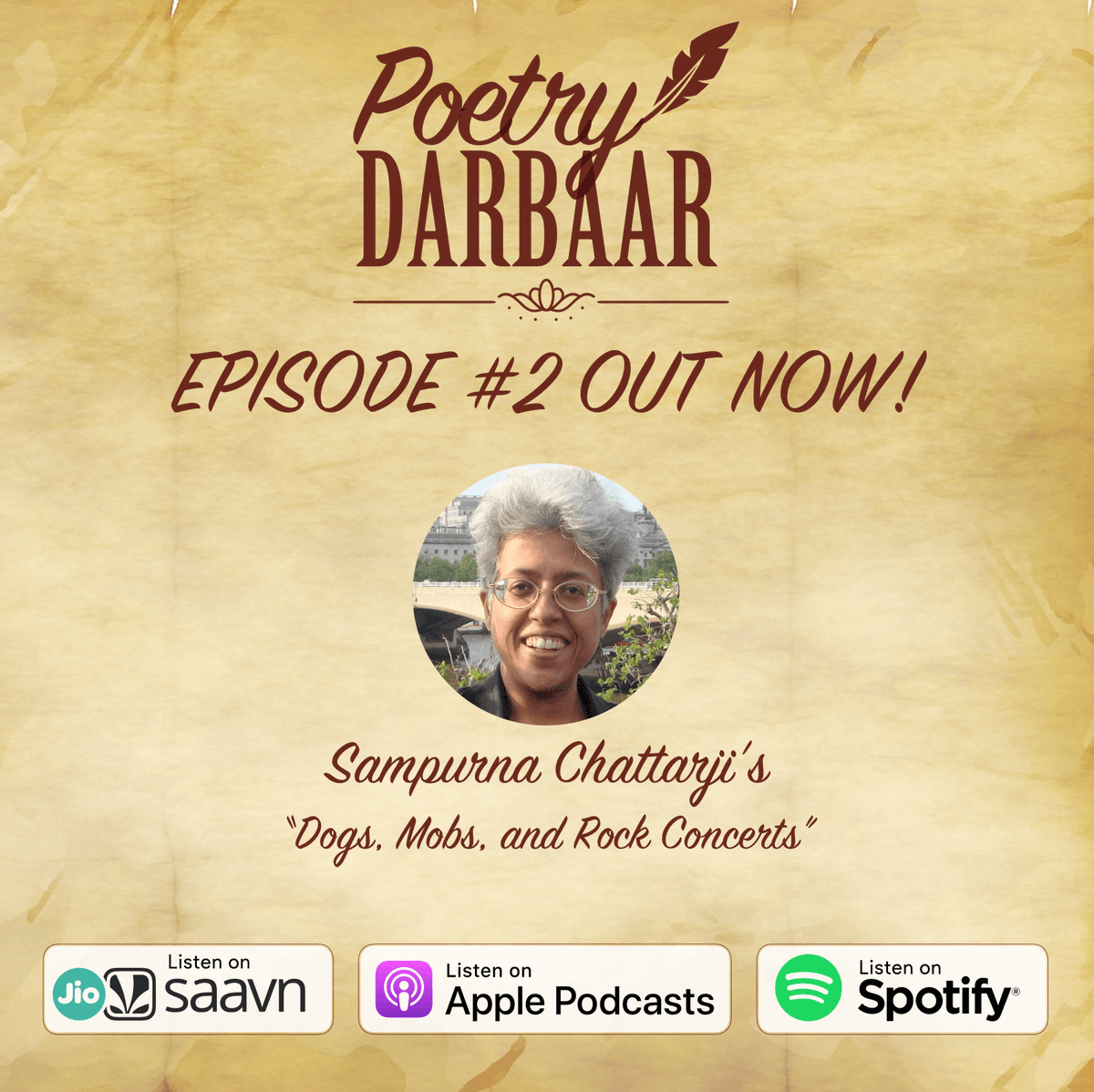 Launchora's tweet photo. Episode #2 of #PoetryDarbaar featuring #poet Sampurna Chattarji (@ShampooChats) is out now!
Listen on -
Spotify: https://t.co/CjOFqdQkVG
Apple: https://t.co/wNq1r0poMX
JioSaavn: https://t.co/R90qCsiEe4 
@NamitaGokhale_ @LakshDatta @IndianQuarterly 
#poetry #podcast https://t.co/9i4WmBQxb9