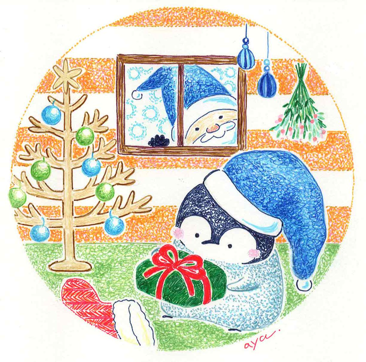 Aya Illustration クリスマスの朝 クリスマスのイラストたまったので 明日まとめアップしまーす ボールペン画 イラスト イラストレーション クリスマス ペンギン 冬 サンタクロース