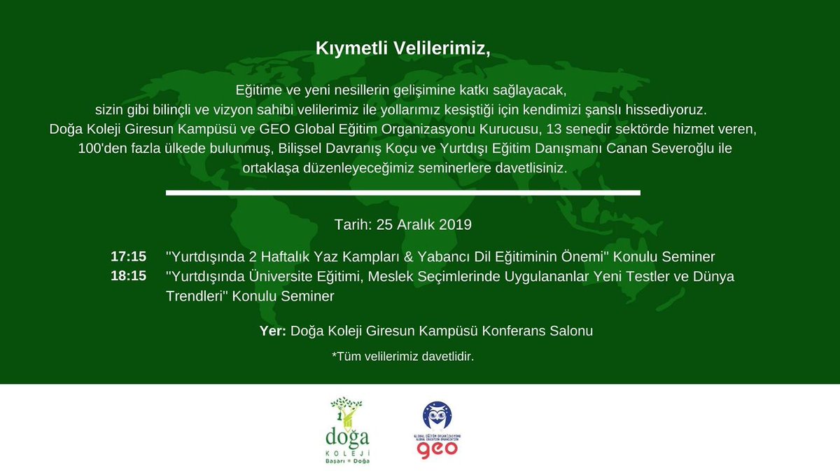 Yurt dışı yaz kampı ve yurt dışında üniversite eğitimi ile ilgilenen tüm velilerimizi seminerimize bekliyoruz. #GiresunDogaKoleji