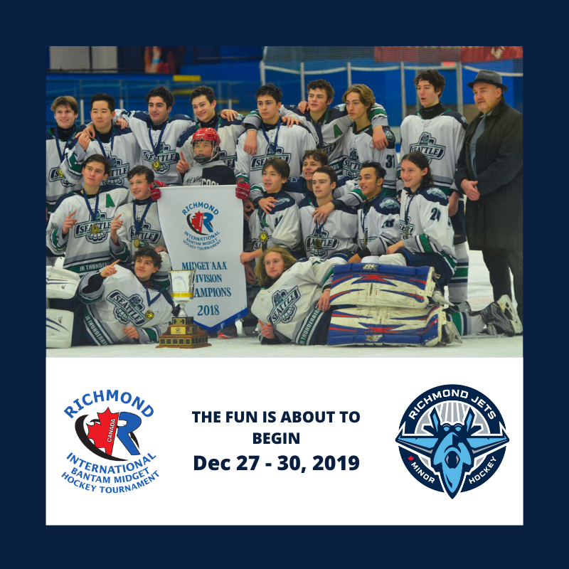 RichmondJetsMHA's tweet photo. The FUN is about to begin! The 39th Annual Richmond International Bantam/Midget Hockey Tournament - Dec 27 - 30, 2019. #ribmht #richmondjets #hockeytournament https://t.co/YtwSnUBnVI