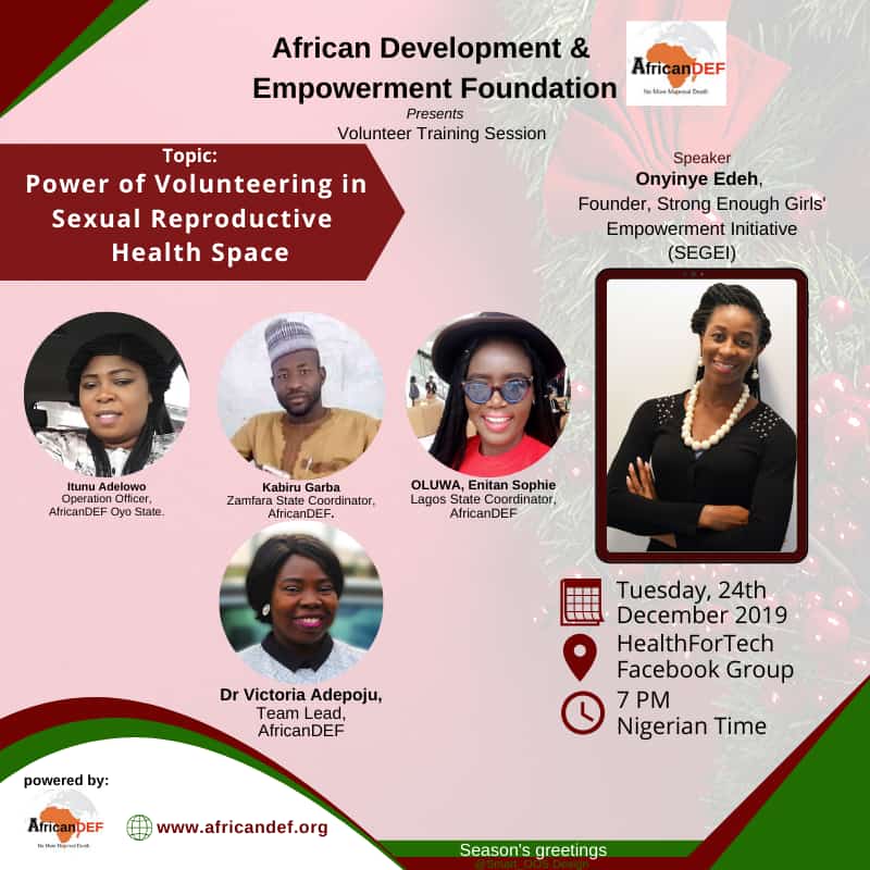 AfricanDEF's tweet photo. Another interesting session on the way, service is beautiful, volunteering is great.
What are the pros and cons?
Join us as @MsOEdeh, founder of @StrongEnoughGEI take us through her experience in #Volunteering in the #SRHR space

#SDGs #Girls #women #health #leaders #training https://t.co/l140DYnjVL