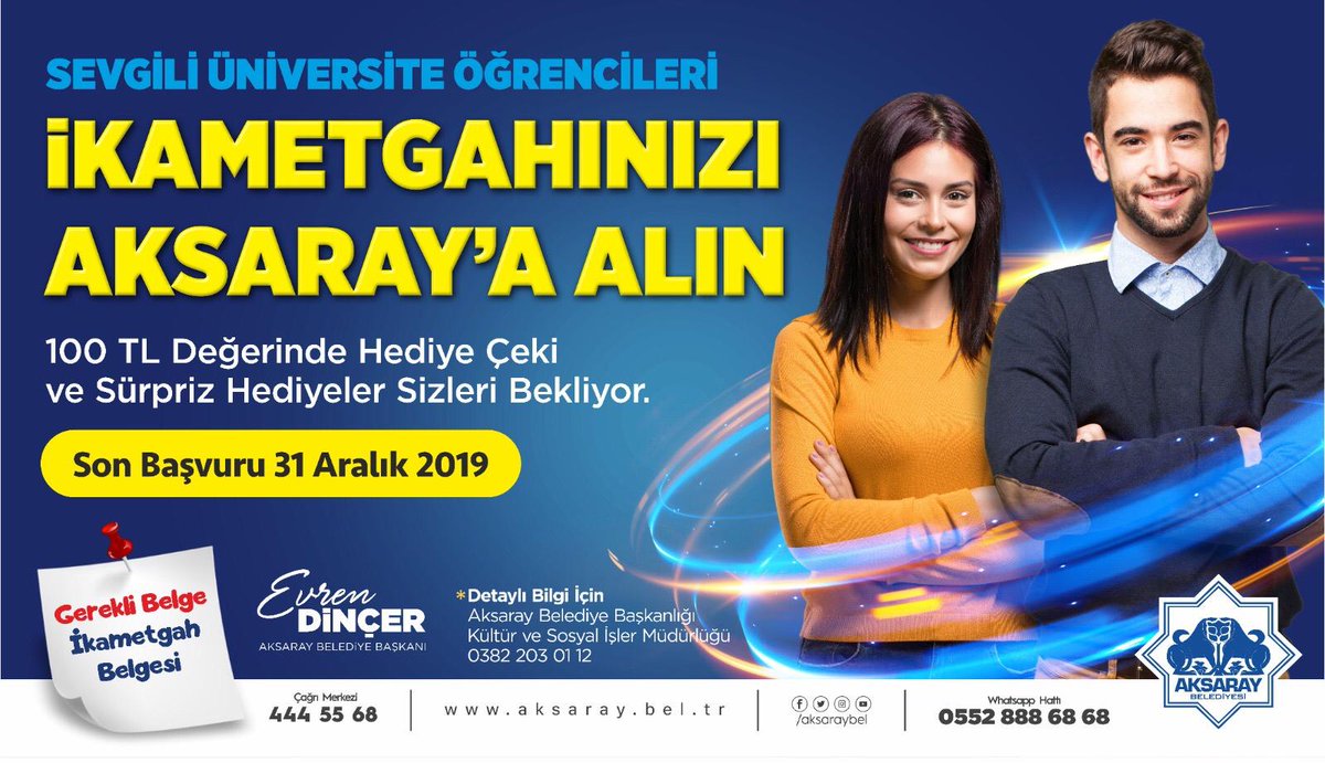 📢 Aksaray'daki tüm öğrenci arkadaşlar!

İkametgahınızı Aksaray'a aldırın, birbirinden güzel sürpriz hediyelerimizi kaçırmayın! 🎁

📆 Son Başvuru tarihi 31 Aralık 2019