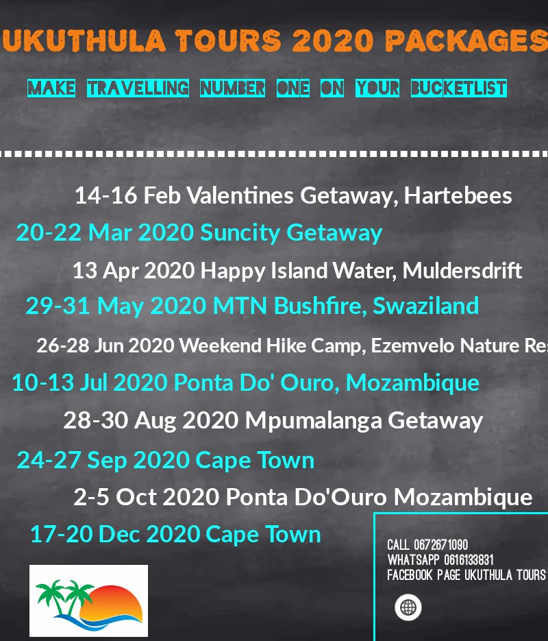 UkuthulaTours1's tweet photo. Let's travel in the year 2020 ✈
#Travel
#Tours
#2020goals https://t.co/MHChZSQKXD