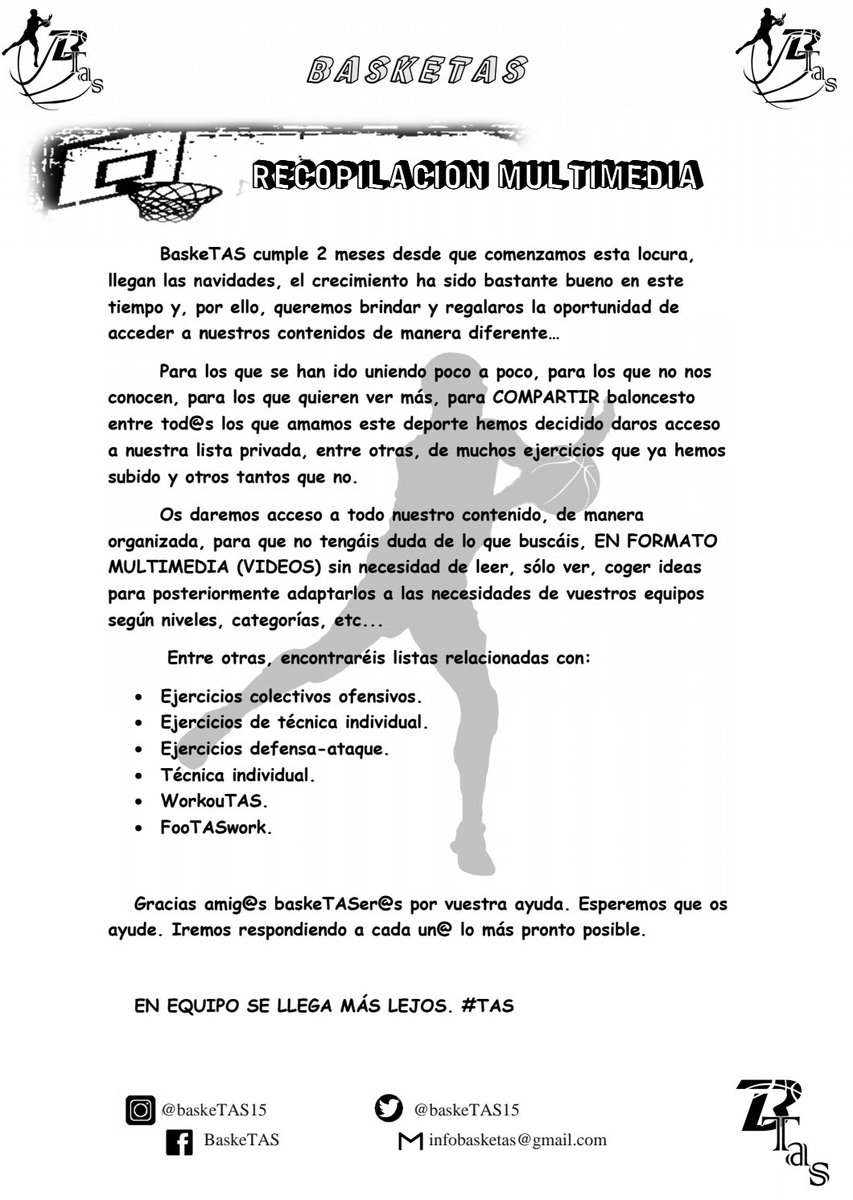 TASacademy360's tweet photo. 👏🔝RECOPILACIÓN MULTIMEDIA DE EJERCICIOS 🔝👏

2 meses cumplimos y el crecimiento es muy bueno, llega la Navidad y los REGALOS vienen desde BaskeTAS. GRACIAS BASKETASER@S.

3 sencillos pasos:
🏀 Seguir a @BaskeTAS15
🏀 Retweet 🔁
🏀 Mensaje directo (MD).

#EQUIPO #TAS https://t.co/Vv4E1cOSYh