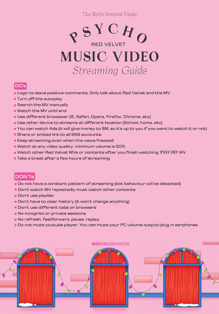 rvelites's tweet photo. Remember our MV Goal is minimum 10M views. Let's go beyond. Read the streaming guide carefully. We can do it!

#SayPSYCHO #PsychoWithRV #RedVelvet @RVsmtown https://t.co/s9FKvw0Ifp