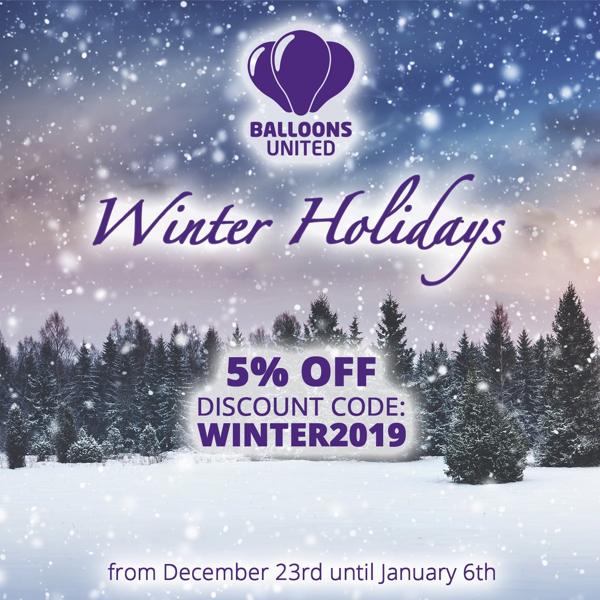 BalloonsUnited's tweet photo. ❄️ WINTER HOLIDAYS ☃️

We’re taking a little break and won’t ship orders 
from December 23rd until January 6th. 👋

As a little THANK YOU for your patience, we give you a 5% DISCOUNT during this time! 🎈
Use the discount code WINTER2019 in your shopping cart. 👍

#looner #balloon https://t.co/t0VBHFoaKX