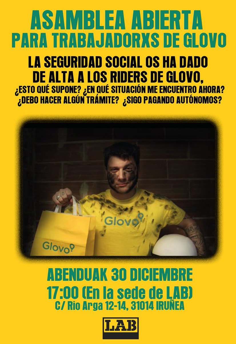 labzerbitzunafa's tweet photo. Y ahora qué?? 
La seguridad social ha tramitado el alta a lxs Riders de @Glovo_ES en Pamplona, y son muchas las preguntas que nos hacemos ahora. Las resolvemos en una asamblea!
Antolatu eta borrokatu, gure eskubideak defenda ditzagun! https://t.co/ZwhdXVx680