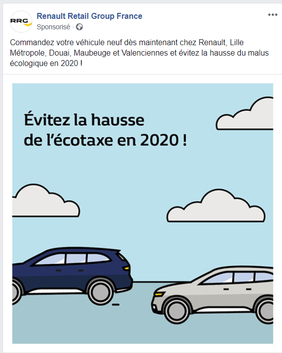 J'adore la pub ciblée ! ! 
Plus de voiture depuis 2 ans, je suis écolobobo à 200%, pour la hausse des taxes sur ce qui pollue le plus, mais non... Ils arrivent à me pousser ce contenu.  Changez rien !
PS : sinon <a href="/renault_fr/">Renault France</a> j'évite l'écotaxe en 2020, vous voulez savoir comment ?
