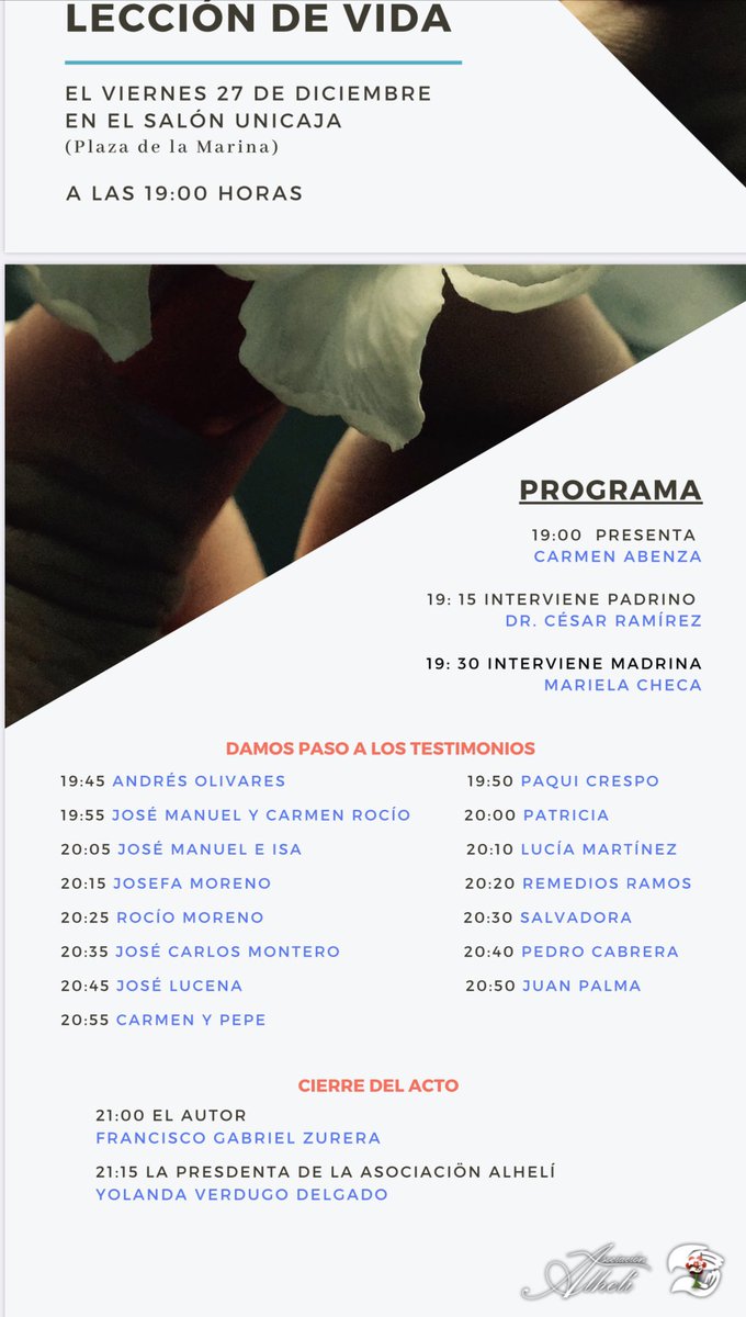 asociacionalhe1's tweet photo. Este viernes será la presentación de Lección de Vida. Libro llenos de testimonios , aceptación del dueloOs dejamos el programa y la invitación. Puede ser tuyo por 10€ , todos los beneficios serán íntegros para la Alheli y poder seguir con sus proyectos sociales.#stopsuicidio https://t.co/AIDFpt0qDI