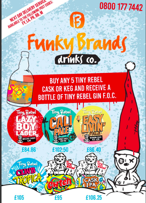 funky_beers's tweet photo. Another Christmas deal from Funky Brands Drinks Co ... 
Buy any 5 Tiny Rebel Cask or Keg &amp; receive a bottle of Tiny Rebel Gin 💥Free of Charge💥..
 yep have a bottle on us...
Call us 0800 177 7442 https://t.co/O2oT3bLbwF