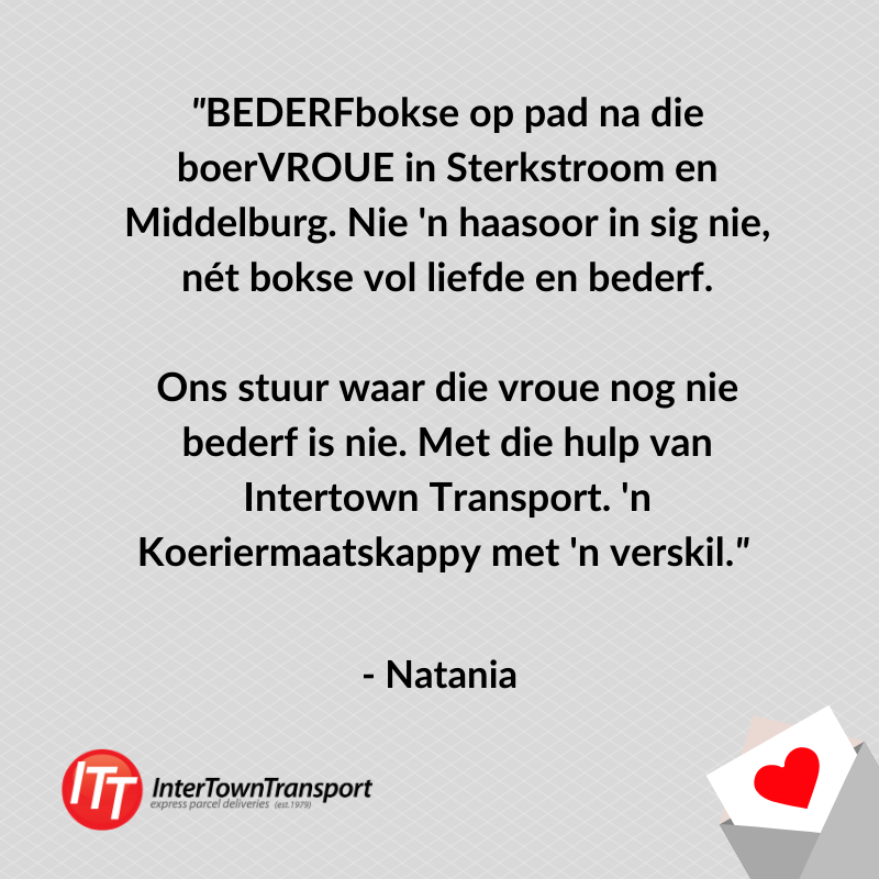 ITT_SouthAfrica's tweet photo. Baie dankie vir die hierdie mooi boodskap Natania. 👍
Ons is baie bly ons kon julle help om 'n verskil te maak in hierdie vrouens se lewens. 🤗
Deel graag hieronder hoe #ITT vir jou onlangs gehelp het 👇.
#LargeEnoughToHandle #SmallEnoughToCare https://t.co/jY8bMyF9Lp
