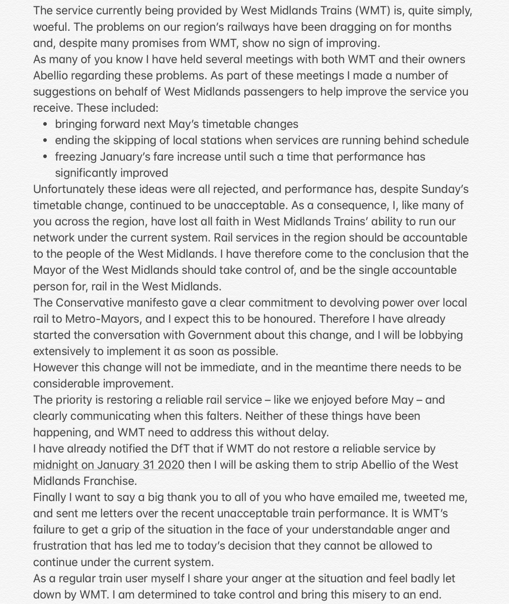 #AndyStreet, Mayor of the #WestMidlands has issued a warning to #WestMidlandsTrains about the continued chaos on local rail services. He warned that if the issues are not sorted by midnight 31/01/20 he will formally ask the Department for Transport to strip WMR of the franchise.