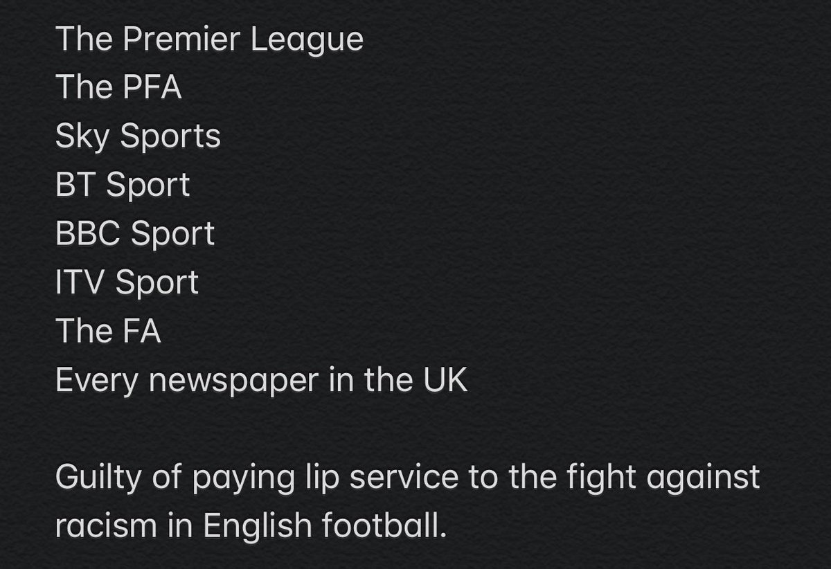 An open letter to @premierleague @FA  @EFL @SkySports @ITVSport @BBCSport @btsport 

And every fan of English football.

And every player in English football. Particularly every black player.