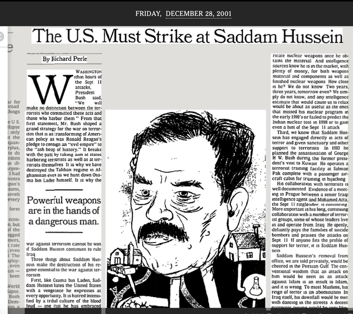 New York Times here implying there was a link between Saddam Hussein and 9/11.
