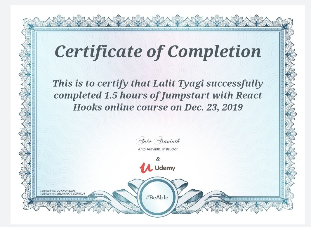 TyagiAnkt's tweet image. My course completion certificate for "Jumpstart with React Hooks" ude.my/UC-CVDRSXU9
via @udemy
#reactj #hooks #javascript #Nodejs #webdeveloper #udemy #github #FrontEnd
#100DaysOfCode #programming #programmer
#Coding #softwaredevelopment #HTML #CSS
#MondayMotivation