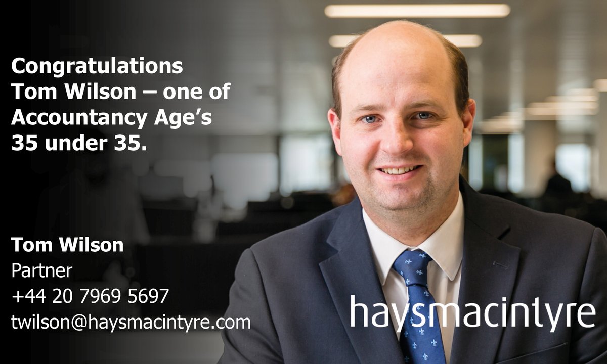 haysmacPIMBs's tweet photo. Well done to our Partner Tom Wilson - our second colleague to be highlighted as one of Accountancy Age's 35 under 35. Tom leads the firm's sports practice and has built a impressive client portfolio.  To view click here https://t.co/C5Rbz6MfVp https://t.co/Tvw8jQIiWT