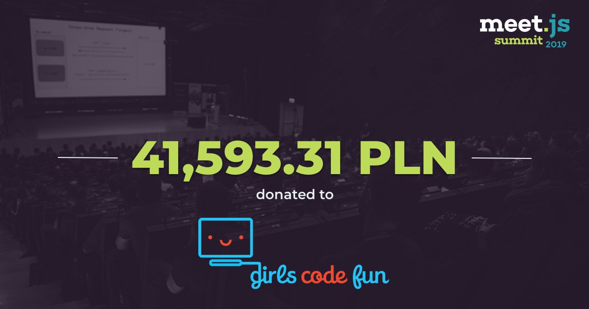 meetjs's tweet photo. 📣 After all taxes, we donated 41,593.31 PLN to Girls Code Fun, a non-profit organization that aims to motivate girls and women to gain technological skills and education. It's the money from ticket sales and what was left from the #meetjssummit 2019 conference budget. https://t.co/Vw7MEk6FHj