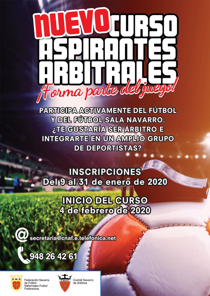 🟨 ¡NUEVO CURSO DE ASPIRANTES ARBITRALES!

¡No dejes pasar esta oportunidad!

✍️ INSCRIPCIONES del 9 al 31 de enero de 2020

I ❤️ #FutbolNavarro
I ❤️ <a href="/fedfutnavarra/">Federación Navarra de Fútbol</a>
I ❤️ #Arbitraje