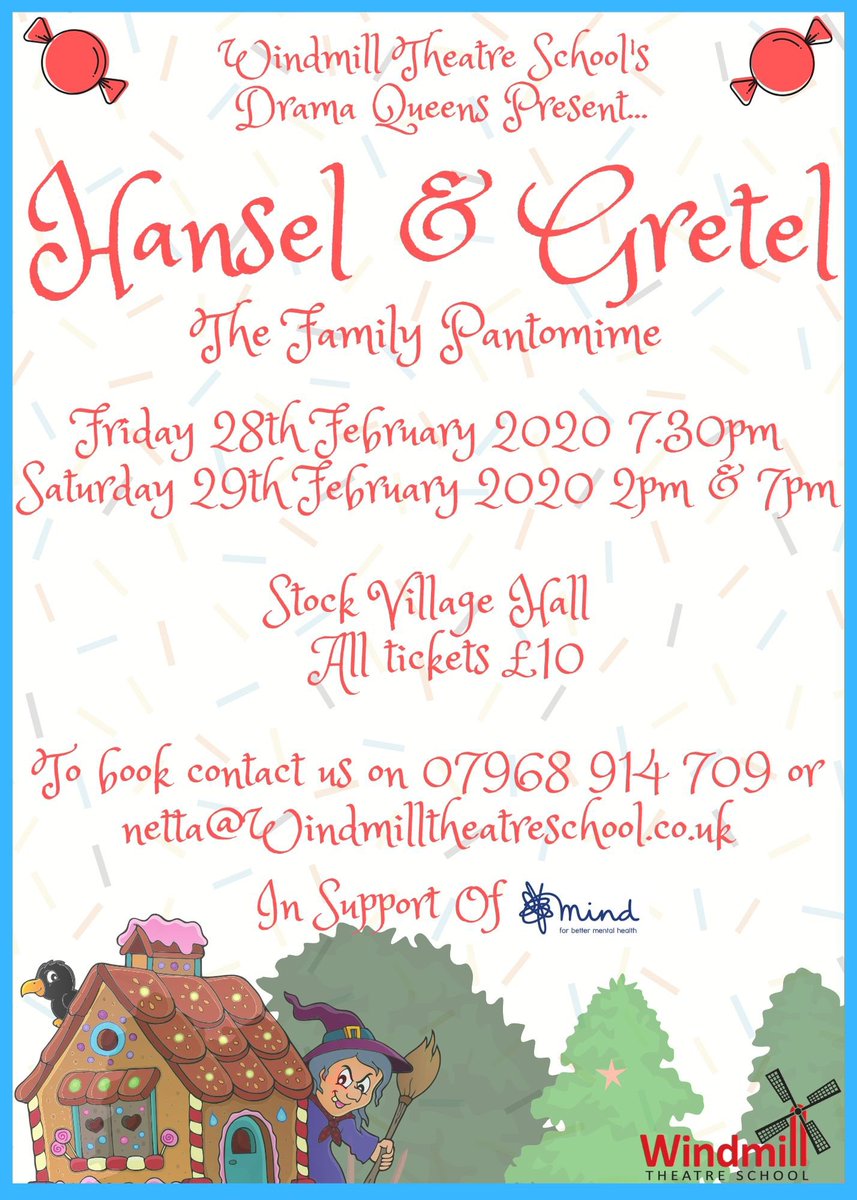 windmillts's tweet photo. HANSEL &amp; GRETEL TICKET UPDATES  🎫 

Friday 28th February 7.30pm - 1 table 🎟
Saturday 29th February 1pm - 1 table 🎟
Saturday 29th February 6pm - SOLD OUT ⭐️

Don’t miss out on these final tables... 🧁🍭🥂

Contact us on:

07968 914 709
netta@windmilltheatreschool.co.uk https://t.co/HCpFHtIH4d