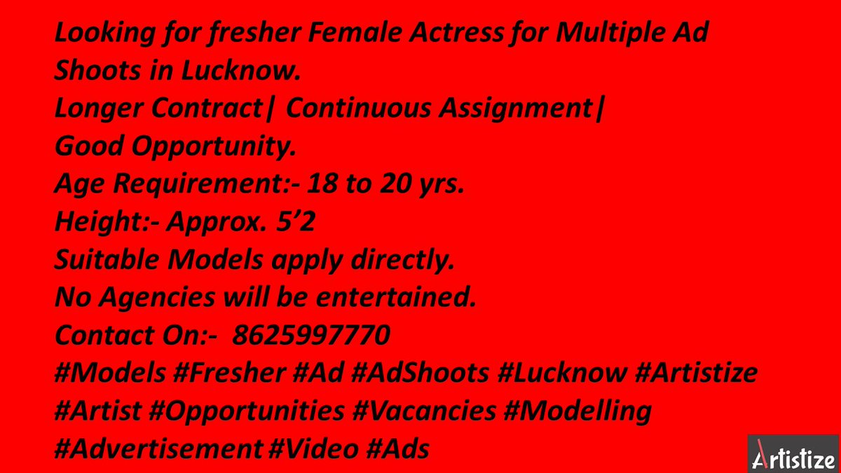 #Models #Fresher #Ad #AdShoots #Lucknow #Artistize #Artist #Opportunities #Vacancies #Modelling #Advertisement #Video #Ads