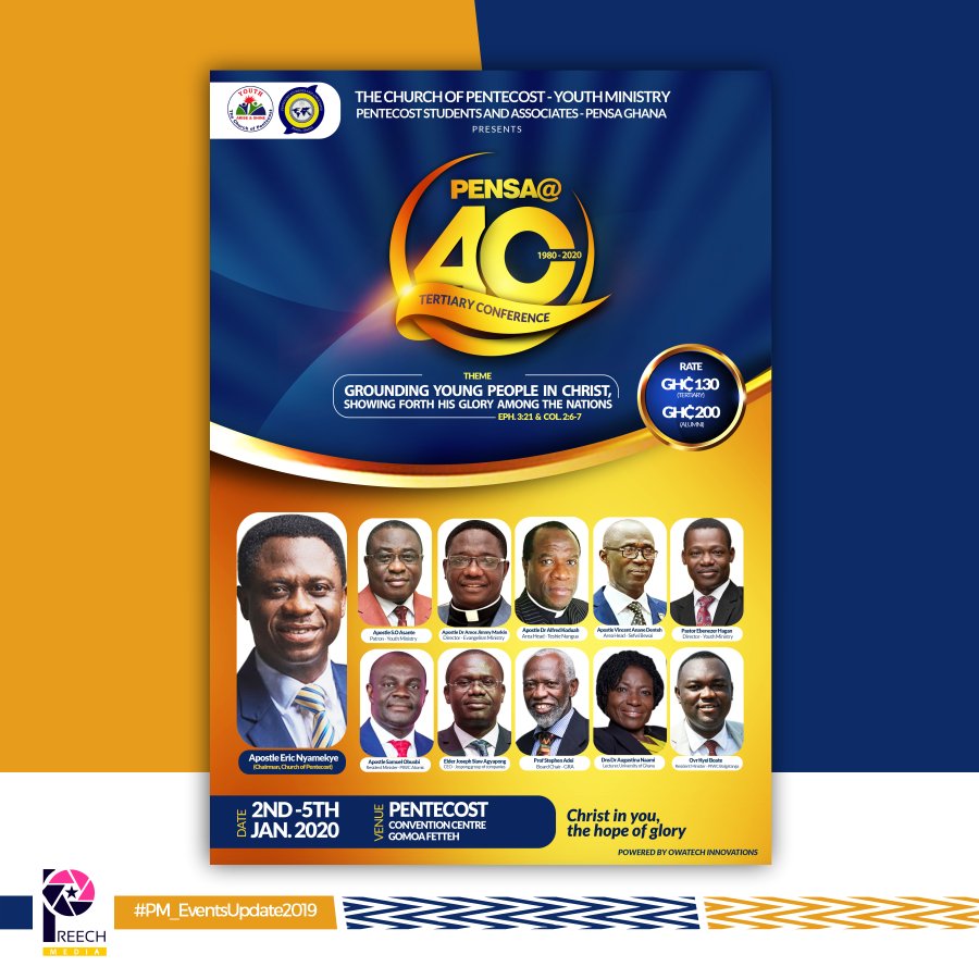 PreechMedia's tweet photo. #PM_EventsUpdate2019
#PENSA40
#TertiatyConference
PENSA @40 TERTIARY CONFERENCE
Theme: Grounding Young People In Christ, Showing Forth His Glory Among The Nations - Eph. 3:21 & Col. 2:6-7
π 2nd - 5th January, 2020
βͺ PCC, Gomoah Fetteh
Rate:
Ghc130 - Tertiary
Ghc200 - Alumni https://t.co/foxVpru8gZ