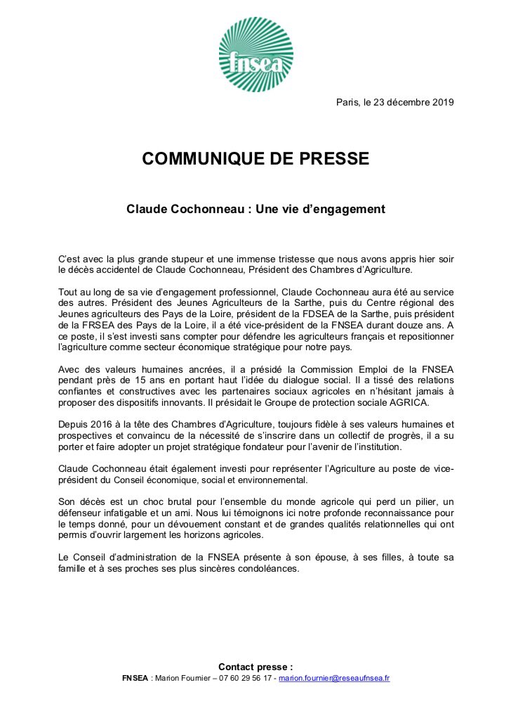FNSEA's tweet photo. [#CP] Le décès de Claude Cochonneau est un choc brutal pour l’ensemble du monde agricole qui perd un pilier &amp; un défenseur infatigable. Le Conseil d’administration de la @FNSEA salue son engagement et présente à sa famille ses plus sincères condoléances. https://t.co/0vwukF33yf