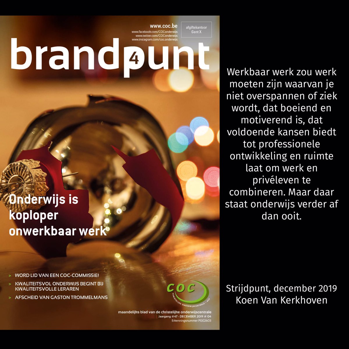 COConderwijs's tweet photo. Tijdens de kerstvakantie mag je vers leesvoer van COC in je brievenbus verwachten. Kan je niet wachten? Lees het nieuwe Strijdpunt alvast via onze website. Daarin gaat secretaris-generaal Koen Van Kerkhoven in op de resultaten van de Werkbaarheidsmonitor.

https://t.co/hdpKxjriQA https://t.co/zlskETZgeT