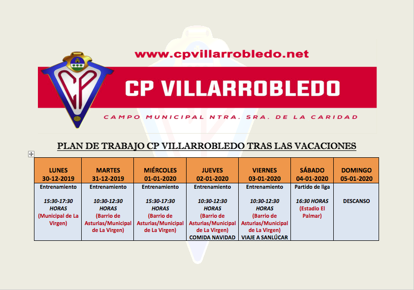 CPVillarrobledo's tweet photo. Este es el plan de trabajo de los nuestros tras las minivacaciones navideñas. Recordar que volverán a los entrenamientos el lunes 30 y trabajarán todos los días, incluidos el festivo 1 de enero, preparando el choque del sábado 4 de enero a las 16:30 horas ante el @atcosanluqueno https://t.co/o4cJrHUijN