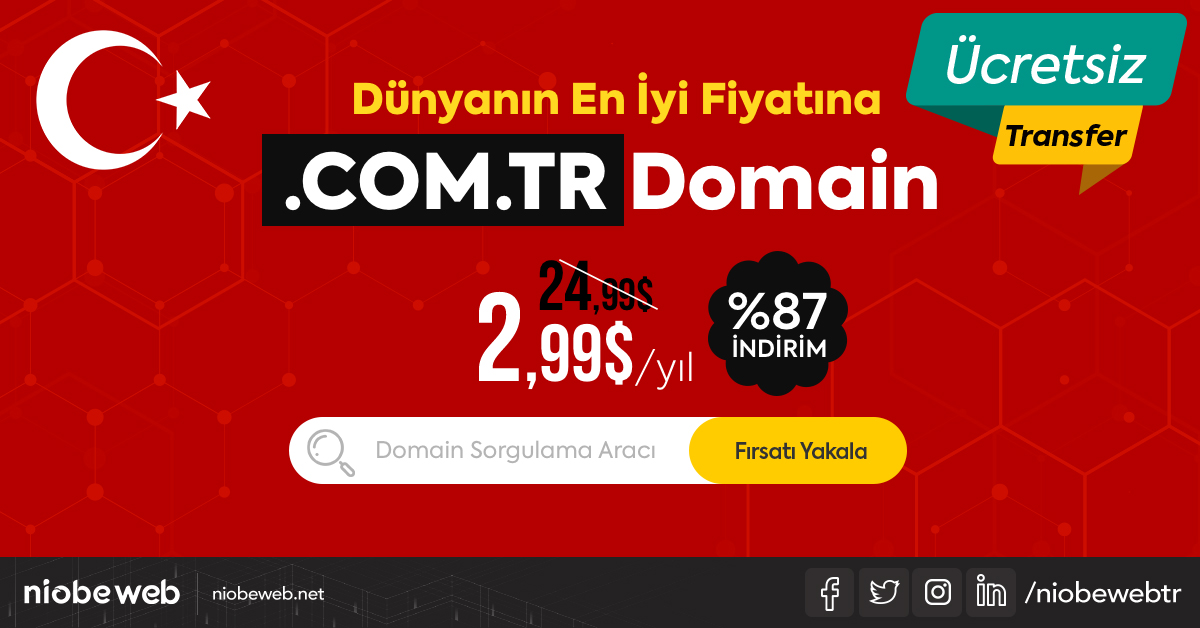 niobehosting's tweet image. 📣 Dünyanın en iyi fiyatına .COM.TR domain fırsatı!
🛄 Kurumsallığınızı yansıtın, prestij kazanın.
🎉 Üstelik ücretsiz park sayfası, URL ve E-mail yönlendirme hizmetleri.
✅ 2,99$ .COM.TR hemen kaydet: bit.ly/2PuqElA
#comdomain #niobeweb #kampanya