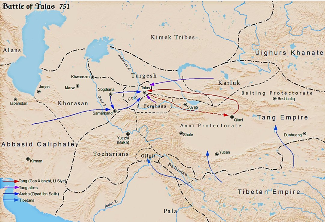 The Battle of Talas took place in July 751 AD, in what is now Kyrgyzstan between the Muslim Abbasid forces and the Chinese Tang Empire. At least 50K soldiers fought in this battle. After days of fighting, the Karluk Turk forces allied to the Tang, betrayed Chinese forces.