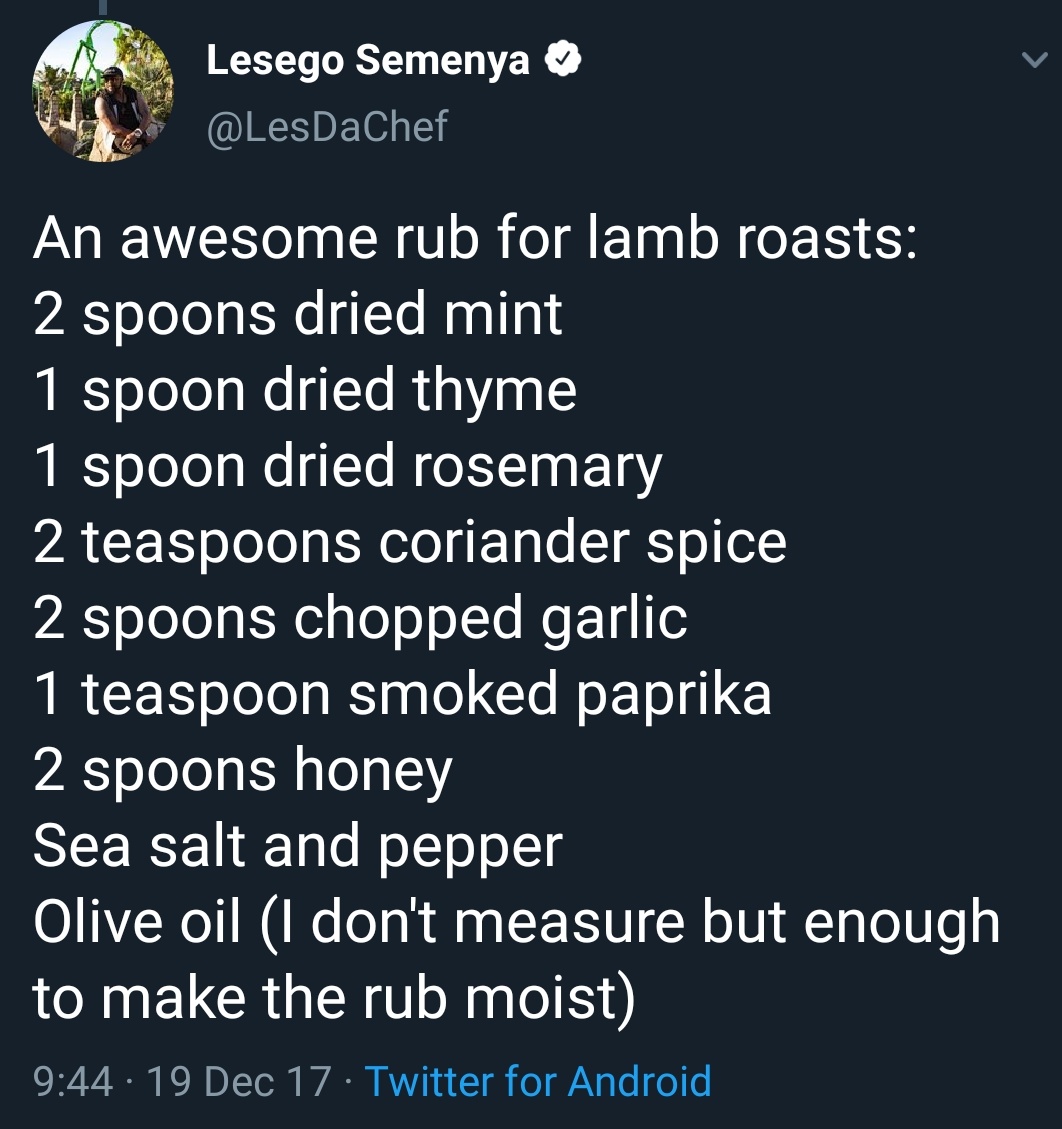 3. The trusses help keep the meat together and actually aid in keeping the meat moist inside. If the meat opens up moisture is lost. I make a wet rub for my lamb roasts with various herbs and spices. A rub is NB  #ChefTip  #RoastLamb101
