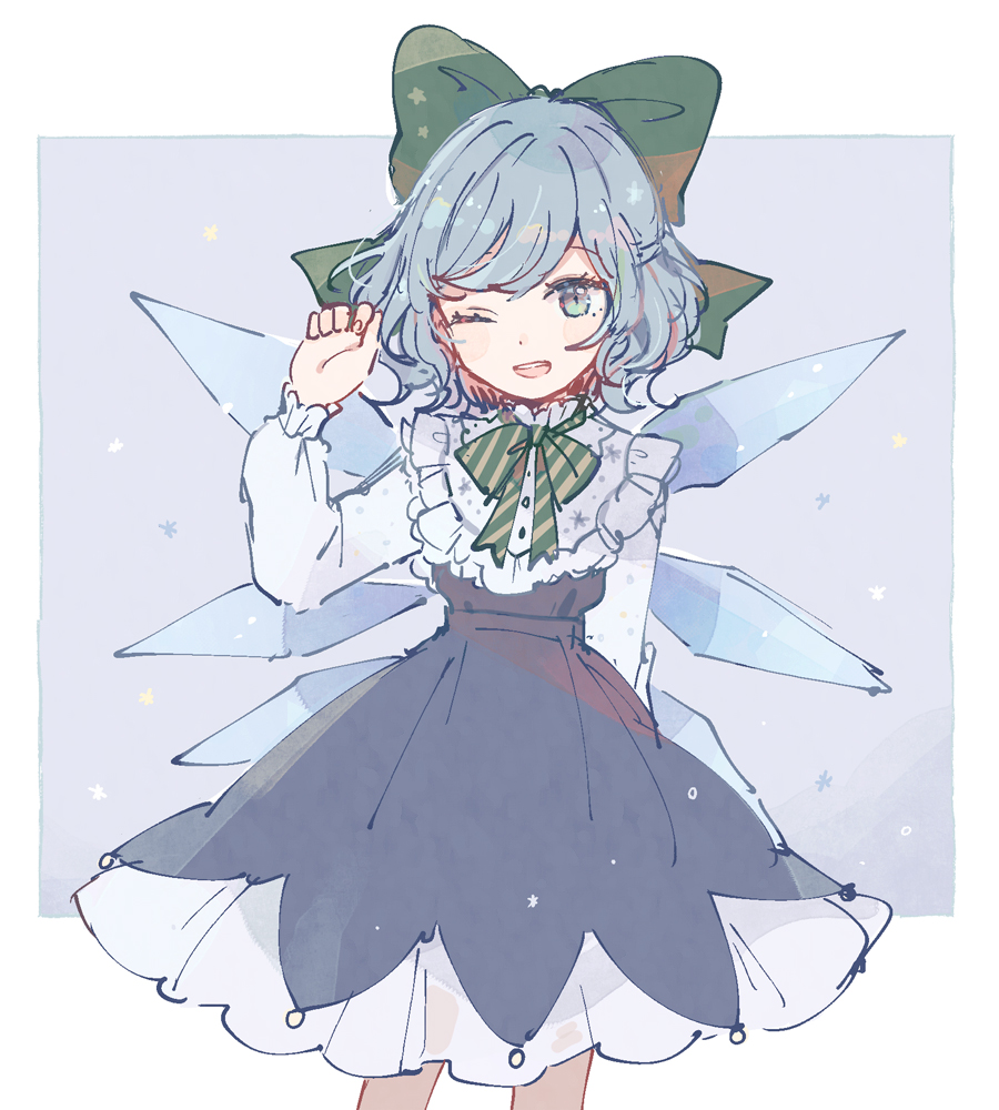 cirno 1girl solo one eye closed blue hair bow ice wings green bow  illustration images