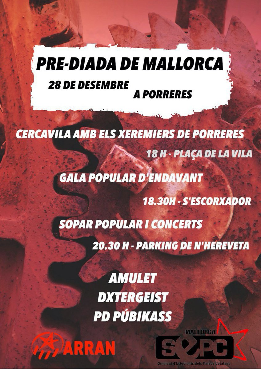 SEPC_Mallorca's tweet photo. #31D | 🗣️ Aquest 28 de desembre ens trobaràs a la #Prediada a Porreres.
👥➡️Hi haurà una cercavila amb els xeremiers, seguidament la Gala Popular d'Endavant i finalment sopar popular i concert!
Construïm sobiranies per fer poble, construïm sobiranies per fer Països Catalans! ✊🏿 https://t.co/IeALKDAvkE