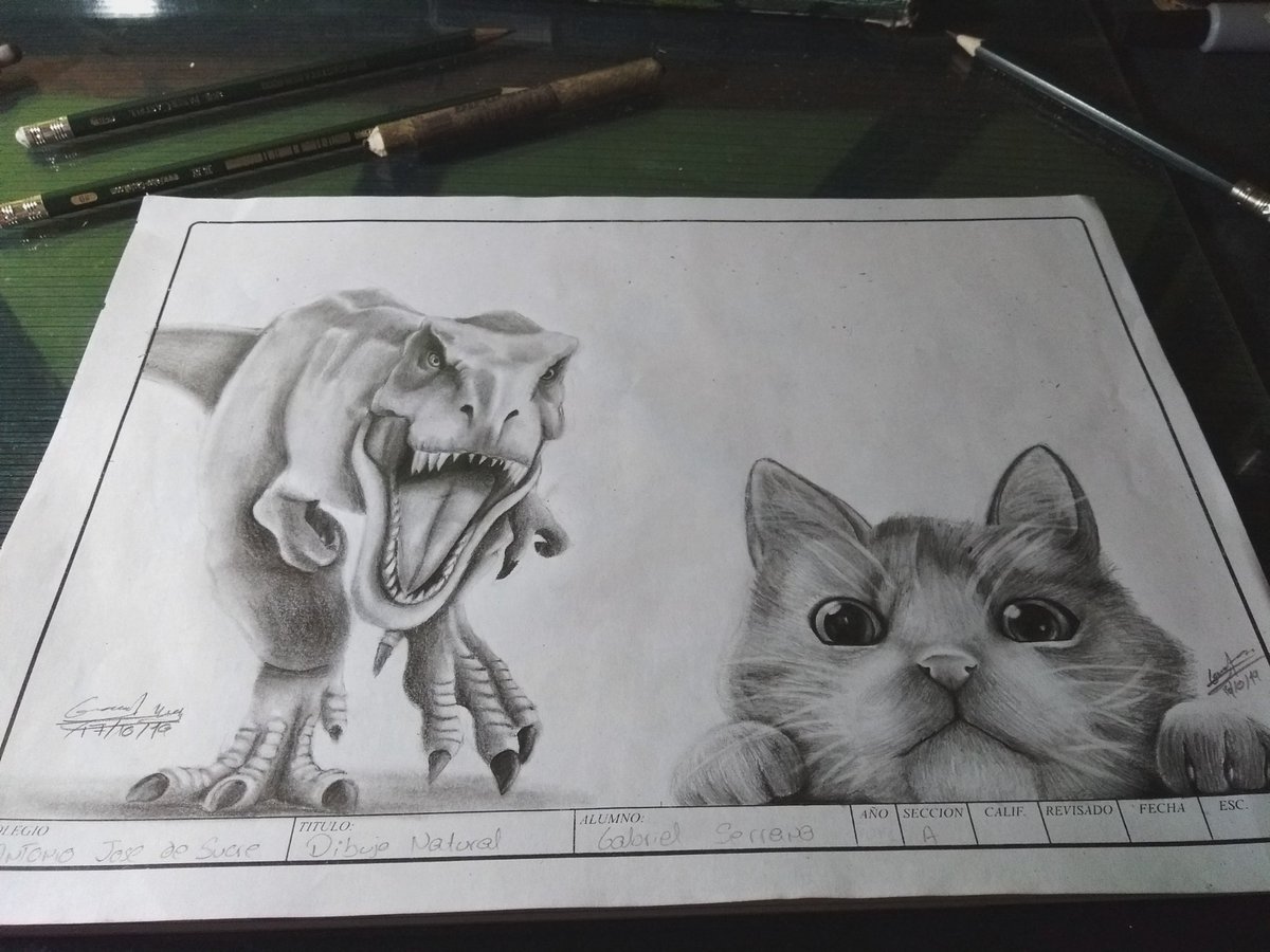 Gabriel17712308's tweet photo. Dibujo finalizado de tiranosaurio rex y gatito! 🐱🦖✍️✍️ https://t.co/0UV66xgRUW